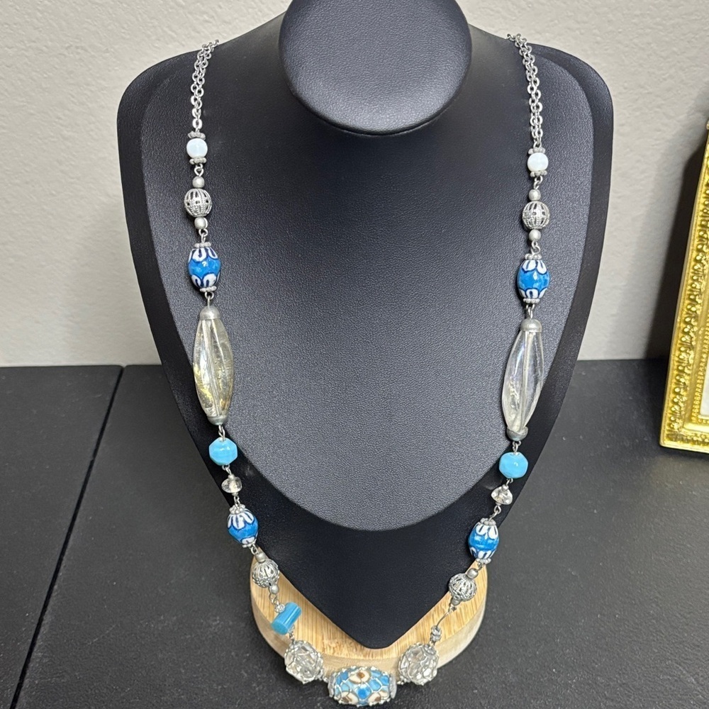 Caged Painted Ceramic Silver Tone Long Chain Beaded Necklace